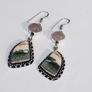 Jasper earrings, 925 silver jasper rose quartz vintage dangle earrrings